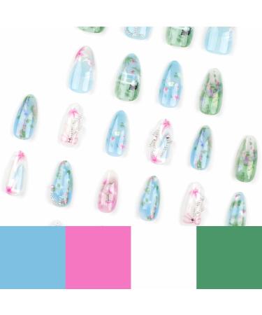 Buy BABALAL Almond Press on Nails - Medium Blue Green Acrylic Stiletto Nails with Cute Cat Flower Design - 24Pcs Handmade Glue on False Nails - Buy Online on GoSupps.com