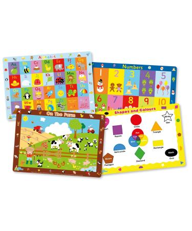 Little Wigwam Toddler Placemat Pack - Set of 4 Educational Placemats - Alphabet Numbers On The Farm Shapes and Colours