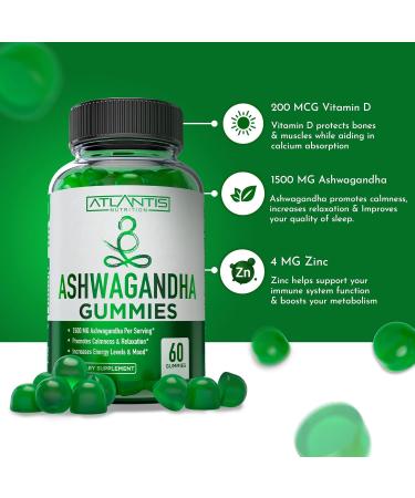 Atlantis Nutrition Ashwagandha Gummies - 1500 MG Per Serving - Promotes Calmness Improves Mood Boosts Energy Levels & Strengthens Immune System - Formulated with Vitamin D & Zinc - Vegan | 60 Count - Buy Online on GoSupps.com