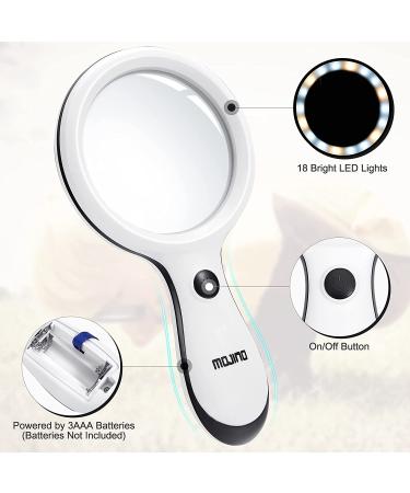 MOJINO 10X Lighted Handheld Reading Magnifier with 18 LED Lights - Ideal for Seniors, Kids, Macular Degeneration - Perfect for Reading, Inspection, Coins, Jewelry - White - Buy Online on GoSupps.com