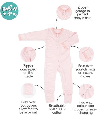 100% Cotton Baby Sleepsuit Unisex Onesie Romper 6-12 Months Pink Stripe - Double Zip Footless with Fold Over Cuffs - Buy Online on GoSupps.com
