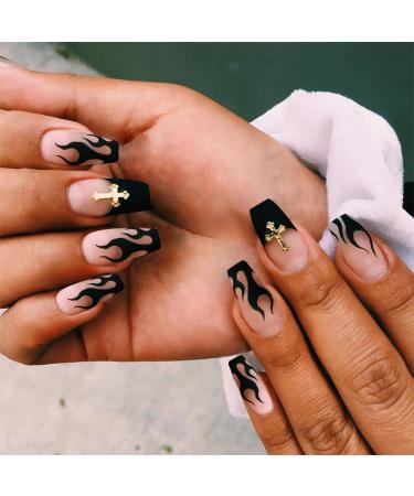 24pcs Square False Nails Black Fireflame Stick on Nails Press on Nails Removable Glue-on Nails Fake Nails Women Girls Nail Art Accessories 0252Y27