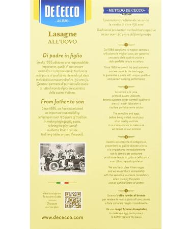  De Cecco Pack of 12 De Cecco 100% Italian lasagne pasta with egg (no. 112 pasta with egg 500g) - Buy Online on GoSupps.com