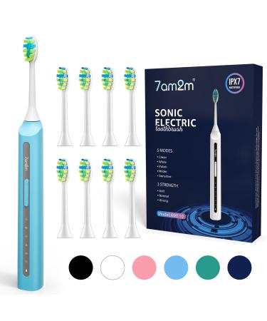 7AM2M Sonic Electric Toothbrush High Power Rechargeable Toothbrushes with 8 Brush Heads for Adults and Kids 15 Adjustable Modes Built-in 2-Minute Smart Timer 4 Hours Fast Charge(Blue)