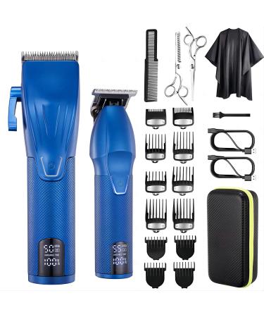Professional Hair Clippers for Men Electric Beard Trimmer Cordless Barber Clippers for Hair Cutting with T-Blade Edgers Rechargeable Hair Clipper and Trimmer Kit with LED Mens Christmas Gifts (Blue)