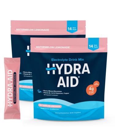HYDRA AID Low Sodium Electrolyte Powder Packets - Marine-Mineral Hydration Mix with Vitamins B C D | No Salty Aftertaste | Pack of 2 | 28 Lemonade Watermelon Sticks | Vegan Non-GMO Gluten Free