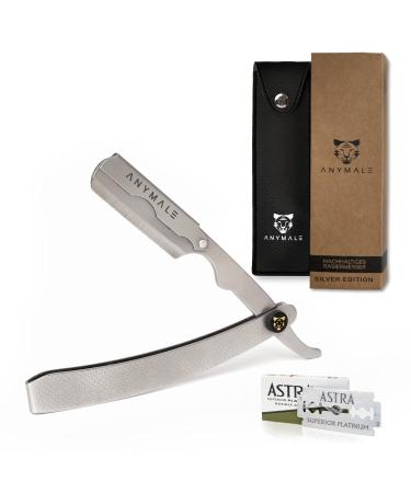 Anymale Silver Edition - Sustainable razor + 10 Astra change blades |Men's set with travel etui |Bart shave for beginners & barber silver