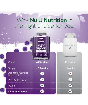 Nu U Nutrition Night Support Sleep Gummies - 90 Vegan Gummies with Griffonia Simplicifolia, L-Theanine, Lavender, Lemon Balm & Chamomile - Passionfruit Flavour - Melatonin Alternative for Adults - Buy Online on GoSupps.com