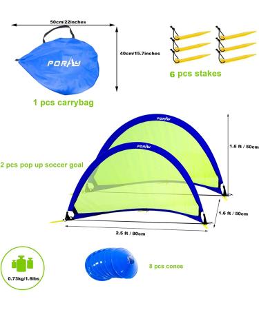 porayhut Pop up Soccer Net Set of 2 - Portable 210D Oxford Goal for Kids with 8 Field Marker Cones and Stakes - 2.5FT Blue Goal for Backyard and Soccer Training - Buy Online on GoSupps.com