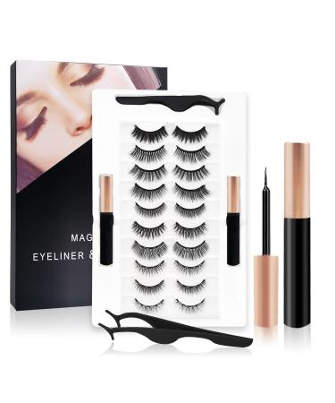 Magnetic Eyelashes Kit with Eyeliner, Magnetic Lashes Natural Looking 10 Pairs , 2 Pcs Magnetic Eyeliner, Reusable 3D False Eyelashes Lashes Pack, With lash tweezers,No Glue! Eyelashes Magnetic