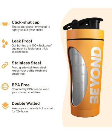 Beyond Fitness Premium Stainless Steel Protein Mixer Shaker Bottle - Insulated & BPA-Free (Orange) - Buy Online on GoSupps.com