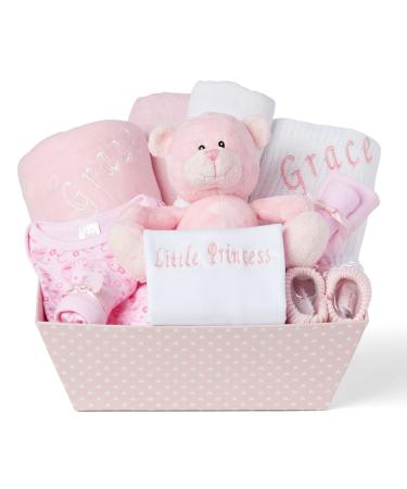 Baby Box Shop Personalised Baby Gift Set - 12 Baby Girl Essentials with 3 Personalised Baby Girl Gifts - Baby Girl Gifts Newborn Baby Girl Hamper Basket Gifts with Personalised Baby Blankets Pink