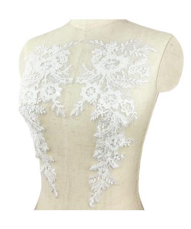 1 Pairs Sequins Flower Embroidery Lace Appliques Floral Embellishments Sew on Patches for Wedding Bridal Dress Party Gown Clothing Bodice Craft DIY (#1 White-Off Car Bone Style)