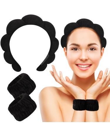 3 Pack Makeup Headband for Washing Face Terry Cloth Spa Headband Skincare Headbands Spa Headband and Wristband Set for Washing Face Skincare Makeup Removal Hair Accessories (Black)