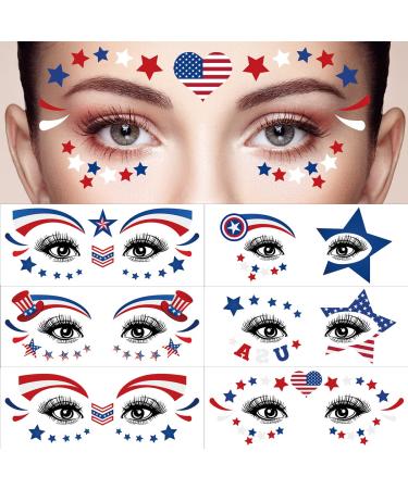 4th of July Face Tattoo Stickers Eye Makeup Sticker 10 Sheets Independence Day Temporary Tattoos for Women Patriotic Body Art Party Decoration Supplies USA America Flag Sticker Holiday Fake Tattoos