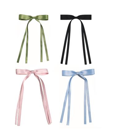 AUONY 4PCS Hair Clips for Women Tassel Ribbon Hair Bows Barrettes Clips With Long Tail for Girls Women Hair Accessories Green+Black+Pink+Blue