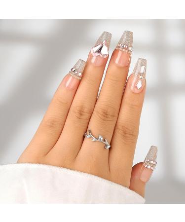 Sethexy Handmade Long Coffin False Nails - Luxury Rhinestones & Glitter 3D Crystal Love Heart Press-On Acrylic Nails for Women & Girls - Buy Online on GoSupps.com