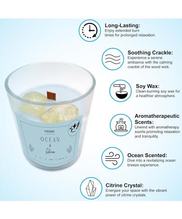 Ocean Scented Soy Candle with Citrine Crystals - Extra Large 12 oz Long-Lasting Wooden Wick for Calming Relaxation | Puddles - Buy Online on GoSupps.com