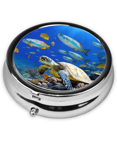Sea Turtle & Fishes Mini Round Pill Box | 3 Compartment Travel Organizer | Portable Medicine Case for Home & Office Use - Buy Online on GoSupps.com