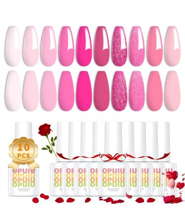 OPUIU Gel Nail Polish Set - 10 Colors Pink Glitter Gel Polish Kit Spring Summer Sweetheart Candies Collection Gifts for Women Mom Girlfriend Soak Off UV LED Lamp Needed F-Sweetheart Candies