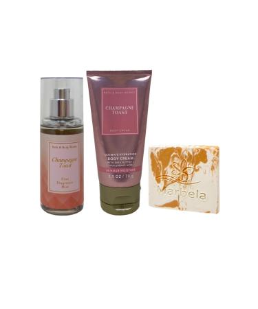 Bath & Body Works Champagne Toast Ultimate Hydration Body Cream and Fine Fragrance Mist Travel Size with a Peach Gardenia Sample Soap
