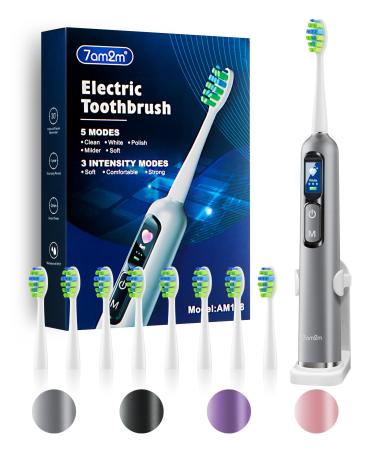 7AM2M Electric Toothbrush for Adults & Teens with LED Screen 3 Intensity Levels & 5 Modes One Charge for 90 Days Fast Charge & Holder 2 Mins Built in Smart Timer with 8 Brush Heads (Gray)