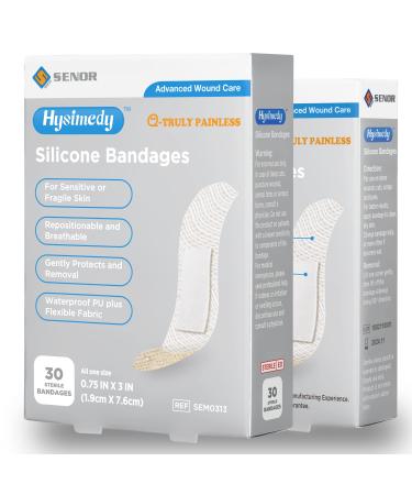 Hysimedy Silicone Bandages for Sensitive Skin - Truly Painless for Kids and Elderly - Flexible Fabric Hypoallergenic Bandaids for Minor Cuts and Scrapes- 0.75''x3''(60 Counts)