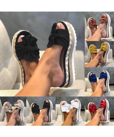 Sandals for Women Casual Summer Espadrilles Wedge Platform Sandals Comfy Open Toe Slip On Slides Bowknot Open Toe Slippers Fashion Mules Beach Shoes Black 9