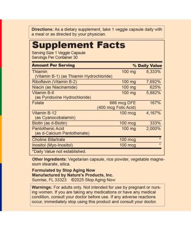 Stop Aging Now - B Complex Vitamin - with Folate - 30 Vegetarian Capsules - Buy Online on GoSupps.com