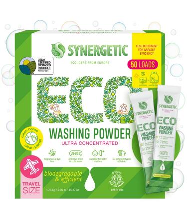Synergetic Laundry Detergent Powder Packets | Pre-Measured | Perfect for Travel | Safe for Baby & Sensitive Skin | Natural Plant-Based Ingredients | Fragrance & Dye Free | High-Performance | 50 Loads