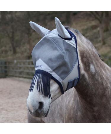 Masta Fly Mask with Ears & Nose Fringe - Full Equine Protection Secure Eye Clearance Sturdy Mesh Material Sensitive Nose Fringe UV Radiation Block Customisable Fit Soft Fleece Edge PONY Grey