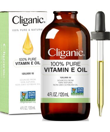 Cliganic 100% Pure Vitamin E Oil for Skin, Hair & Face - 120,000 IU, Non-GMO Verified | Natural D-Alpha Tocopherol 4 Fl Oz (Pack of 1)