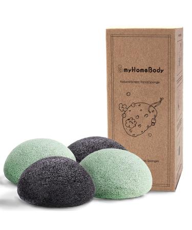 myHomeBody Natural Konjac Facial Sponges - for Gentle Face Cleansing and Exfoliation - with Activated Charcoal and Aloe Vera, 4pc. Set Sage Green, Graphite Gray