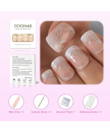 Shop Coolnail Holo Bling Butterfly Glitter Fake Nails - Pink Nude White French Squoval Square Press-On Nail Art Tips - International Shipping Available - Buy Online on GoSupps.com