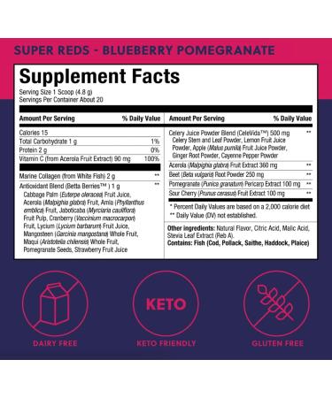 Perfect Keto Super Reds Superfood Powder Antioxidants Supplement with Fruit & Vegetable Powder Polyphenols & Marine Collagen Drink Mix for Skin & Energy Support Blueberry Pomegranate 20 Servings - Buy Online on GoSupps.com