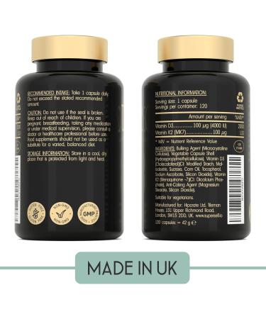 Vitamin D3 K2 Capsules - High Strength Vitamin D Tablets - 4000 IU VIT D & 100mcg VIT K MK7- UK Made Vegetarian D3 and K2 Vitamins Supplement for Strong Bones Teeth Immune System - 120 Capsules - Buy Online on GoSupps.com