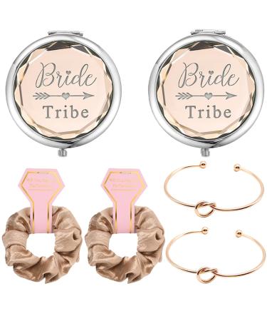 Pack of 6 Bride Tribe Gifts Set - Include 2 Pcs Champagne Bride Tribe Makeup Mirror 2 Pcs Champagne Hair Tie and Rose Gold 2 Pcs Knot Bracelet Wedding Bachelorette Party Bridal Shower Bridesmaid Gift