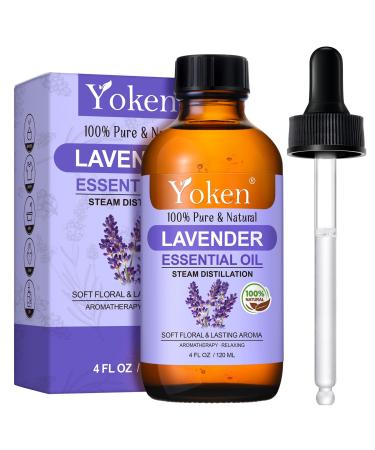 Yoken Lavender Essential Oil 4 Fl Oz 100% Pure and Natural Premium Grade Lavender Oils with Glass Dropper for Diffusers Aromatherapy Candle & Soap Making Massage
