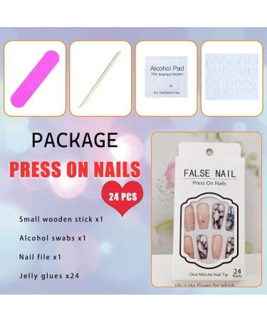Shop Medium Length Coffin Press on Nails | Blue Marble & Sequin Designs | Glossy Acrylic Full Cover Nail Set for Women - 24 Pcs - Buy Online on GoSupps.com