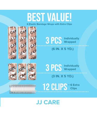 JJ CARE Elastic Bandage Wrap (Pack of 6) - 3" & 6" Compression Bandages with Clips for Ankle Wrist Foot | Durable & Reusable Shipping Worldwide - Buy Online on GoSupps.com