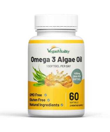 Vegan Omega 3 Algae Oil : 400mg DHA - for Heart Joints Brain Health High Strength 60 Softgel Tablets 2 Months Supply. Vegan Vitality's Algae Omega 3 - Vegans Vegetarians Suitable DHA Supplement 60 Count (Pack of 1)