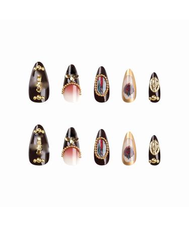 Buy BABALAL Almond Press on Nails - Medium Brown Fall Acrylic Nails with Golden Chrome Baroque Art & 3D Heart Charm | Stiletto Glue-on Nails for Stunning Manicure - Buy Online on GoSupps.com