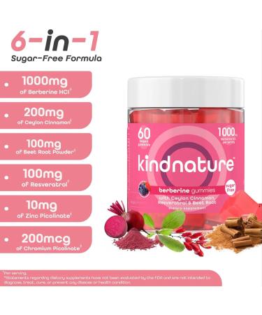 kindnature Berberine Gummies 1000mg with Ceylon Cinnamon & Resveratrol Sugar-Free Vegan Supplement for Blood Sugar Support, Metabolism, Cravings Wellness Non-GMO, Gluten-Free - Buy Online on GoSupps.com