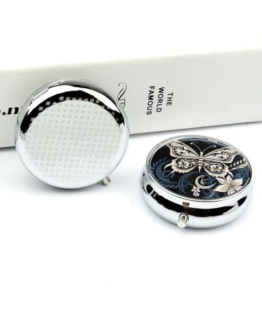 Round Pill Box with White Butterflies & Tribal Print - 3 Compartment Portable Medicine Organizer | Decorative Metal Pocket Pill Case Style-34 - Buy Online on GoSupps.com