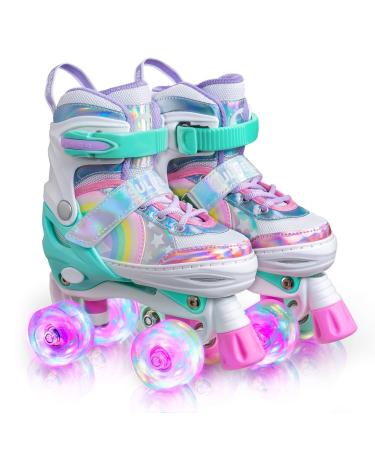 SULIFEEL Rainbow Unicorn 4 Size Adjustable Light up Roller Skates for Girls Boys for Kids A Rainbow Small - Little Kid