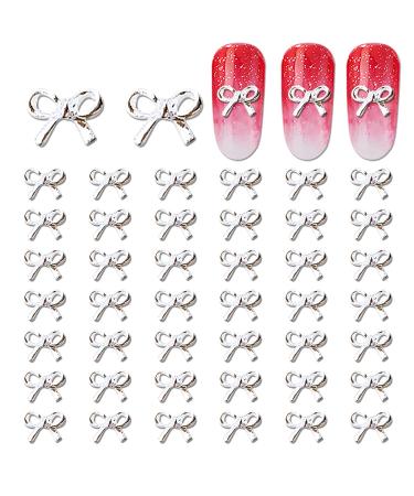 WOKOTO 100Pcs Silver Bows 3D Metal Nail Charms For Nail Art Women Bowknots Designer Nail Charm For Acrylic Nails Designs Nail Jewels Nail Art Accessories Kit For Women Girls Nail Studs Diy Crafts