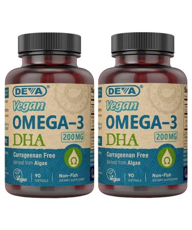 DEVA Vegan Omega-3 DHA Supplement Once-Per-Day Softgel 200 MG Carrageenan Free Gelatin Free Non-Fish Algae Oil Omega-3 Fatty Acids - 90 Softgels (Pack of 2)