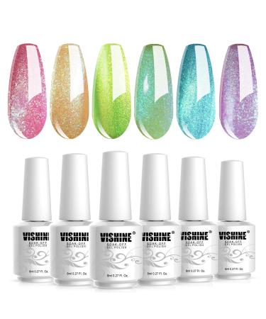 Vishine Gel Nail Polish Kit  The Hologram Collection Nail Art 6 Colors Holographic Pink Golden Green Lime Blue Purple Soak Off Nail Lamp Gel Polish Set DIY Manicure 8ml 6 Holograms Colors Set-8ml