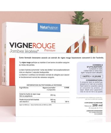NaturAvignon Red Vine Laboratory | Against heavy legs & swelling | Red vine + Acerola | 100% natural origin | Proven efficacy | Made in France | 20 vials (10 days) - Buy Online on GoSupps.com