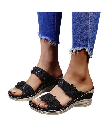 PGOJUNI Womens Sandals Wide Width Women Orthopedic Diabetic Sandals with Arch Support Wide Width Summer Platform Wedge Sandals 8.5 D-1 Black